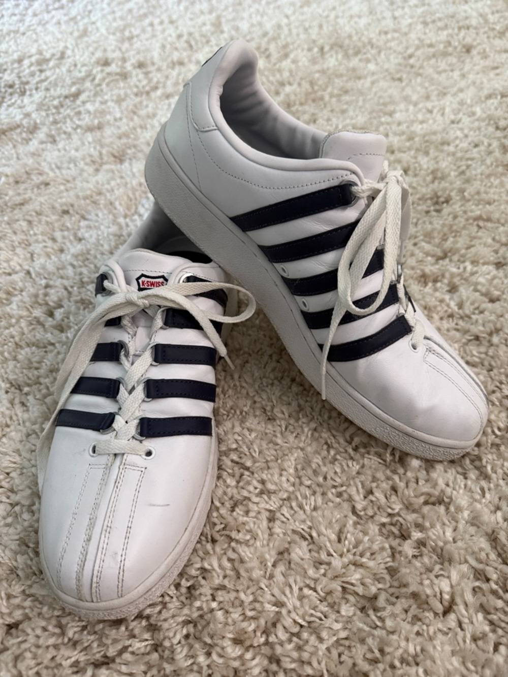 K-Swiss Men’s Classic White Leather Sneakers with Navy Stripes